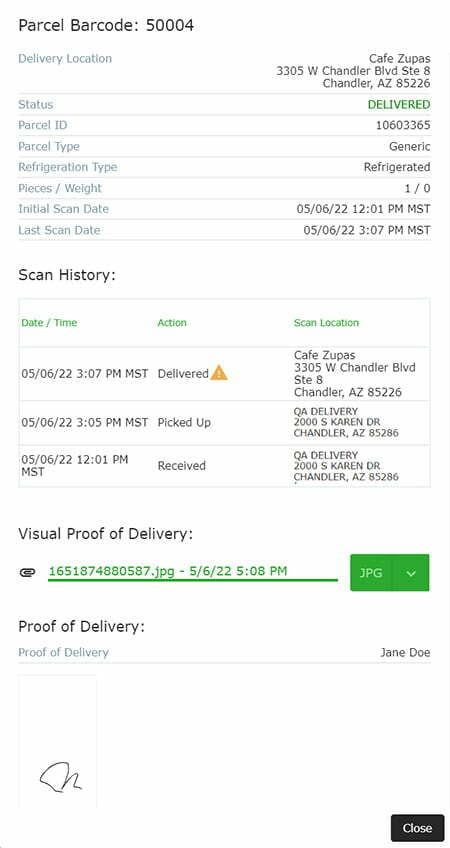 CXT Software Parcel Tracking - detailed view
