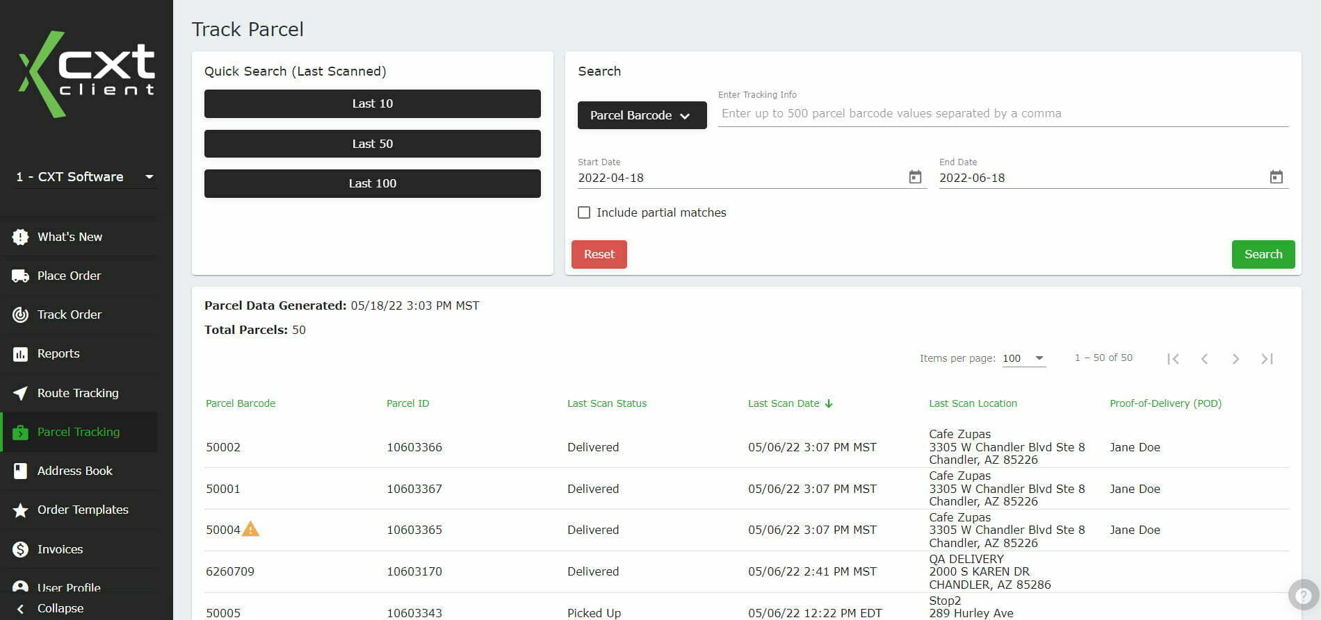 CXT Software parcel tracking page
