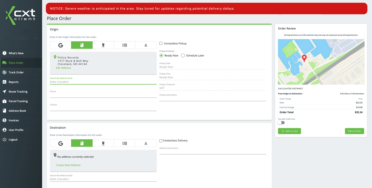 CXT Software Client Portal broadcast message - critical message example
