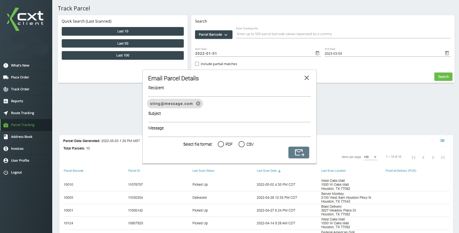 CXT Software Client Portal - parcel tracking email option example