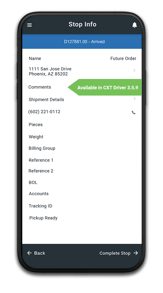 CXT Software Driver App version 3.5.9 stop info display page