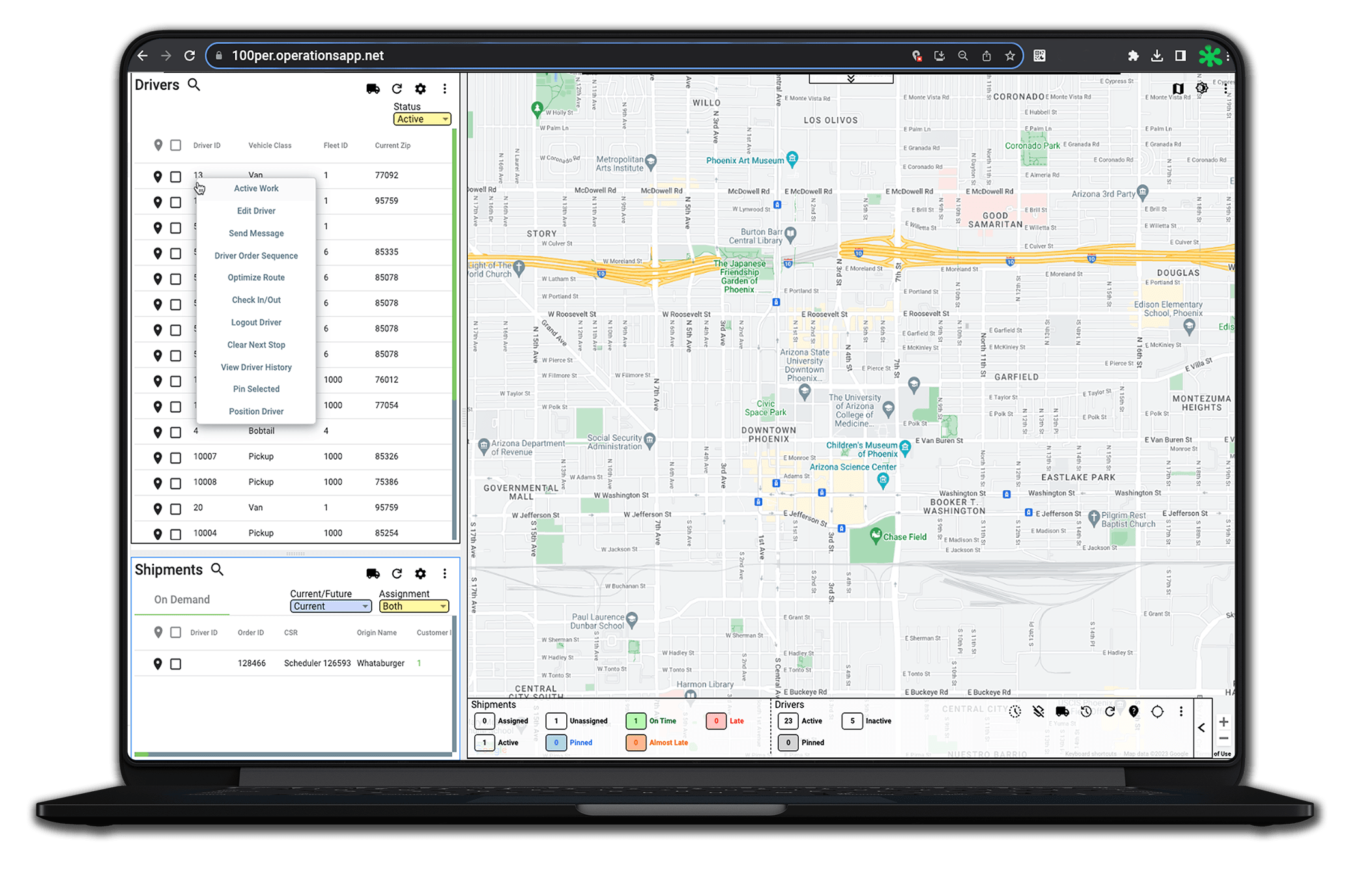 CXT Software Operations App drivers panel menu options