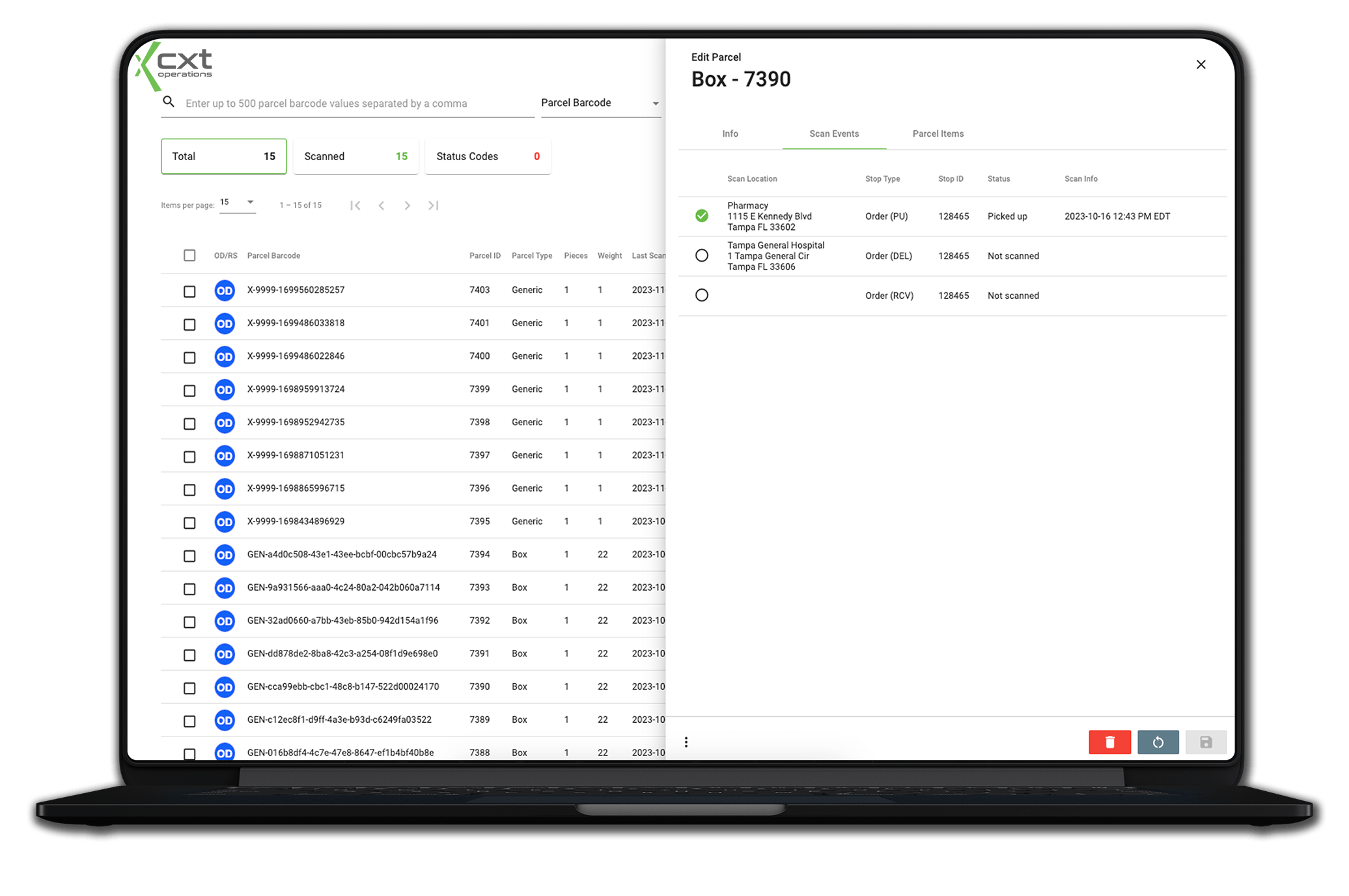 CXT Software Operations App parcel tracking detailed view