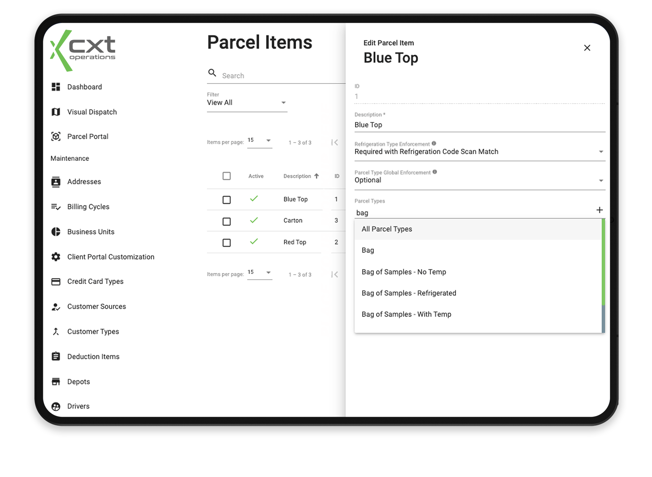 Operations App parcel items