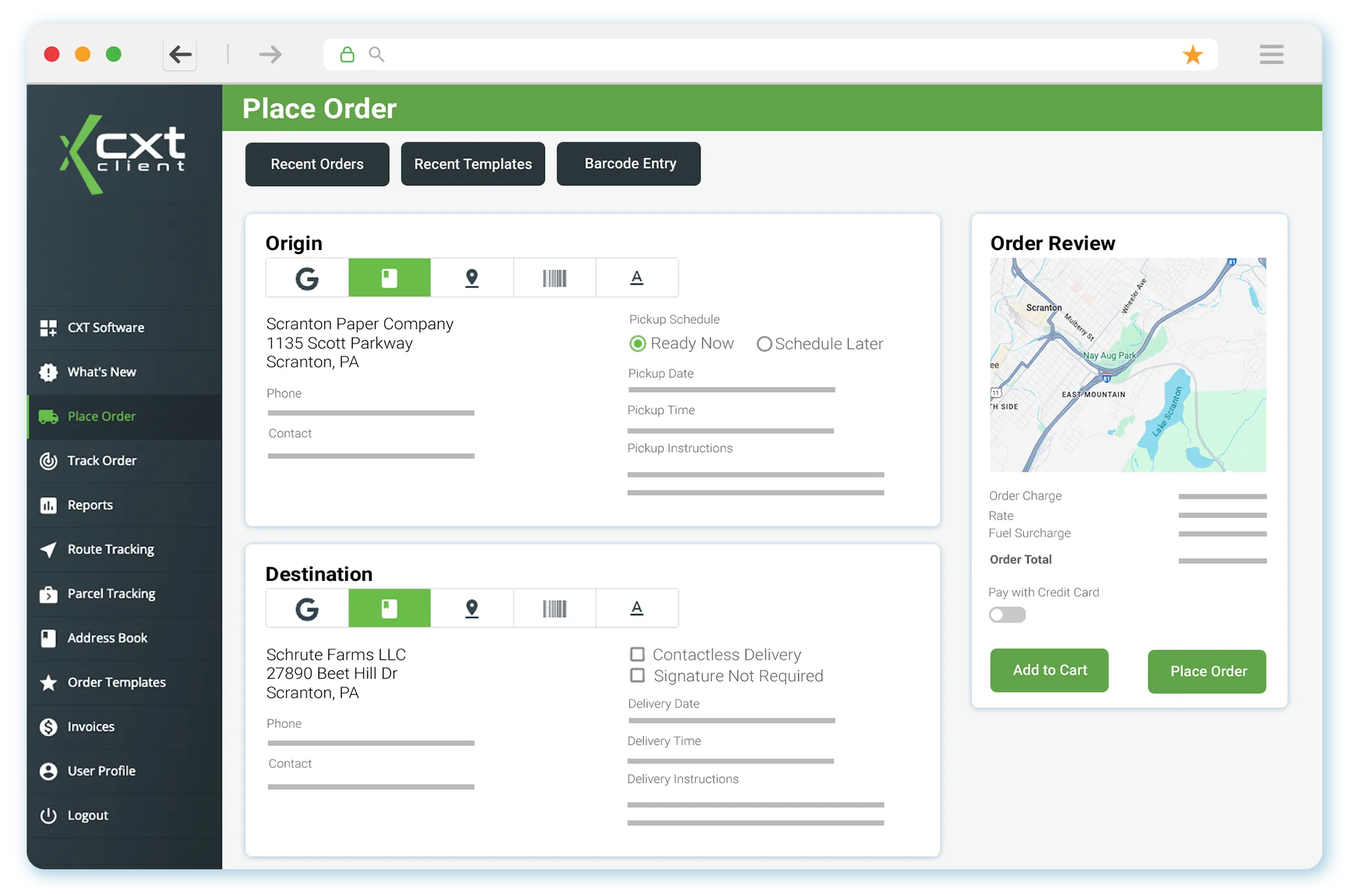 Illustration of the Client Portal place order form on a desktop browser