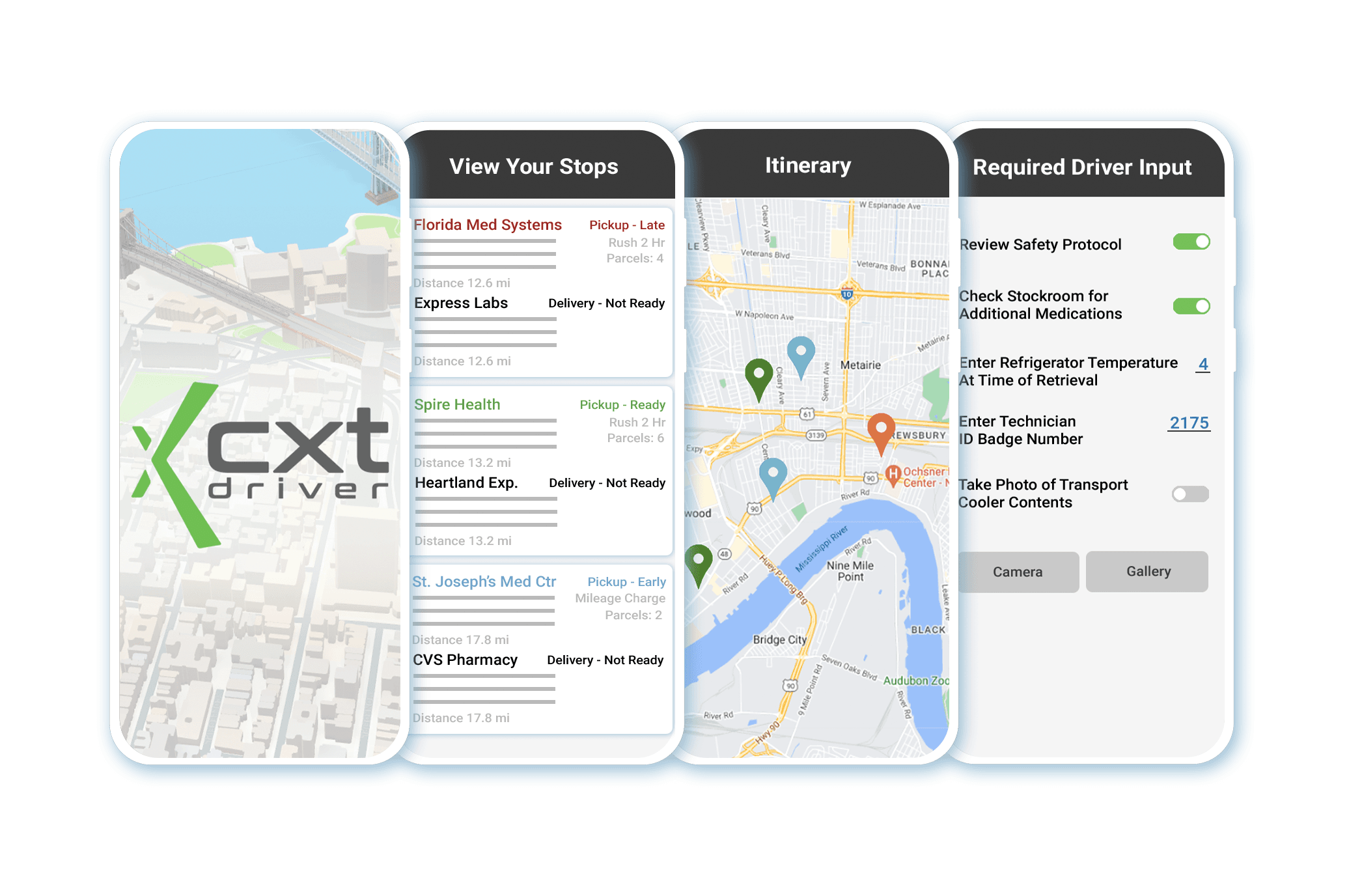 screenshots of the CXT Driver mobile courier app