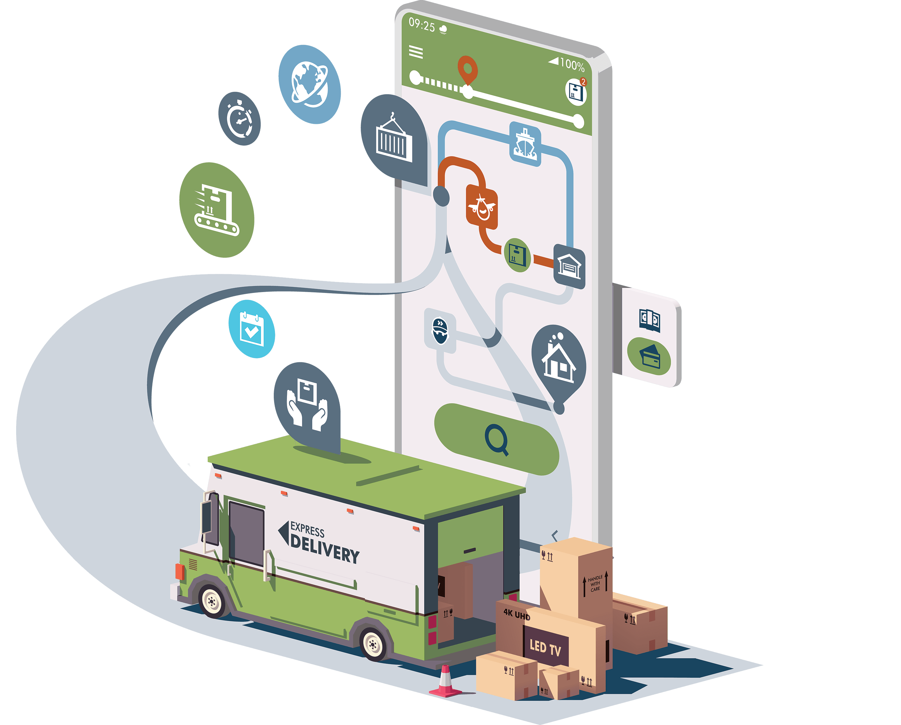 Illustration_delivery van with parcels and phone parcel delivery app