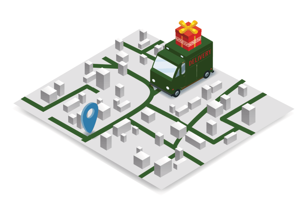 holiday delivery illustration of courier with present on top