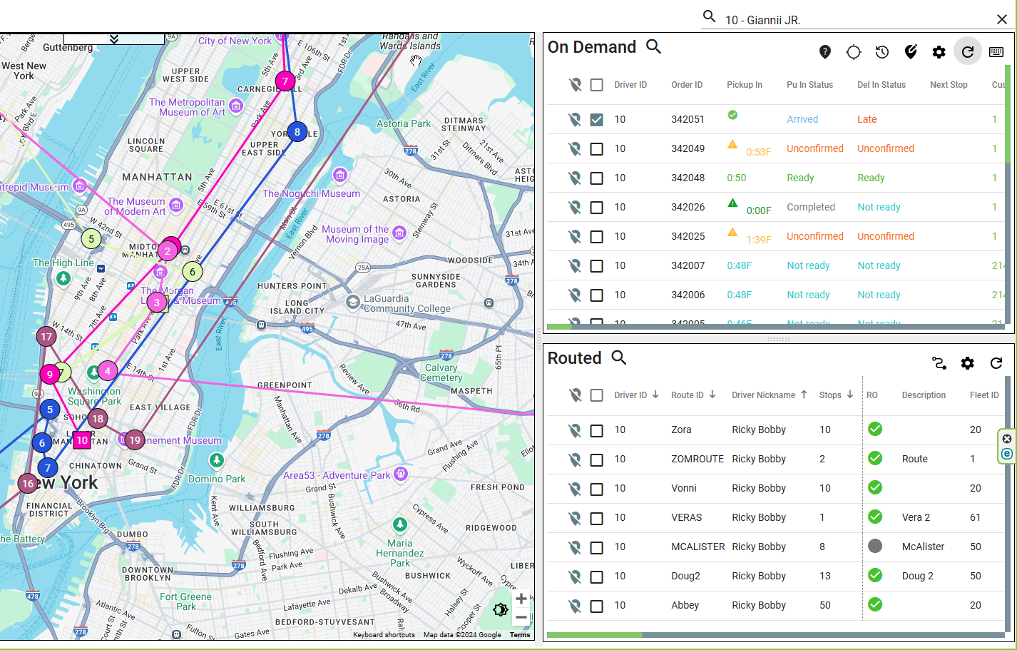 View of Visual dispatch board map screen