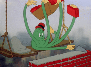 Cartoon octopus laying bricks and mortar
