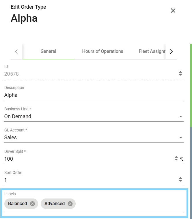 Order Type form with new label field
