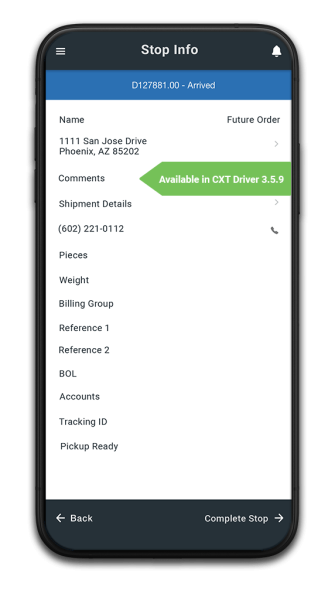 CXT Software Driver App version 3.5.9 stop info display page