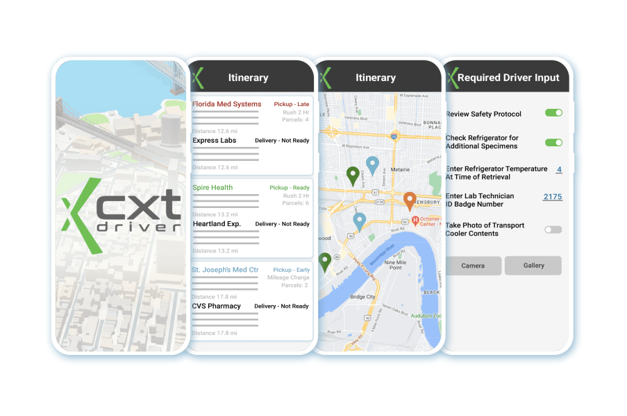 Mockups of the CXT Driver Nextstop mobile courier app